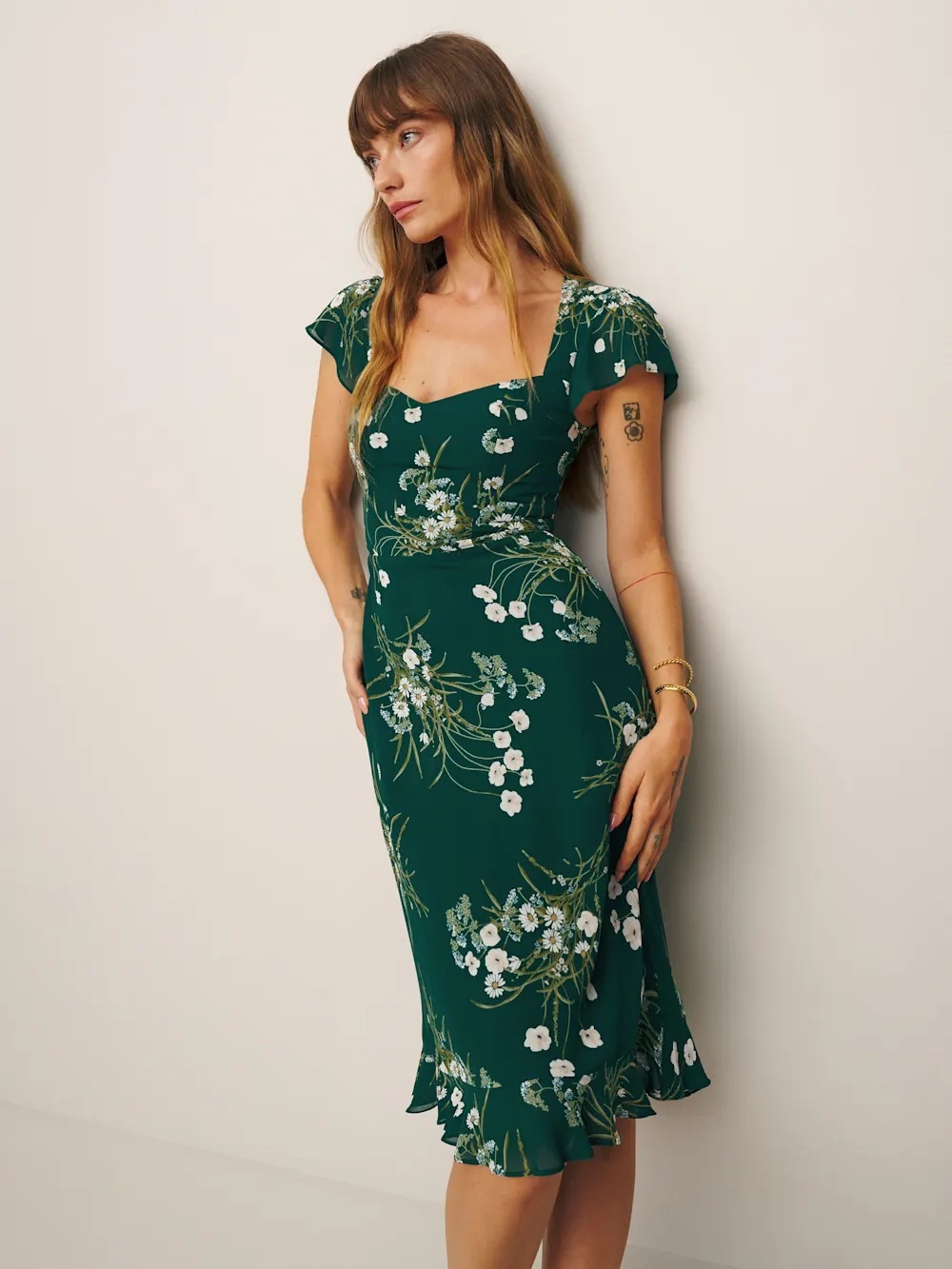 Reformation Rosi Emerald Green Floral Square-Neck Midi Dress - Picture 3 of 5
